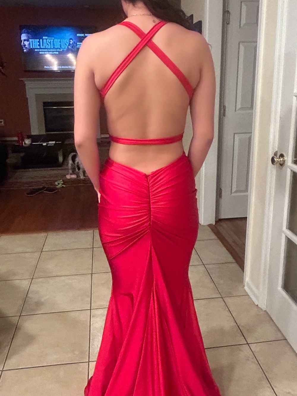 Open-Back Red Prom Gown with Crisscross Straps
